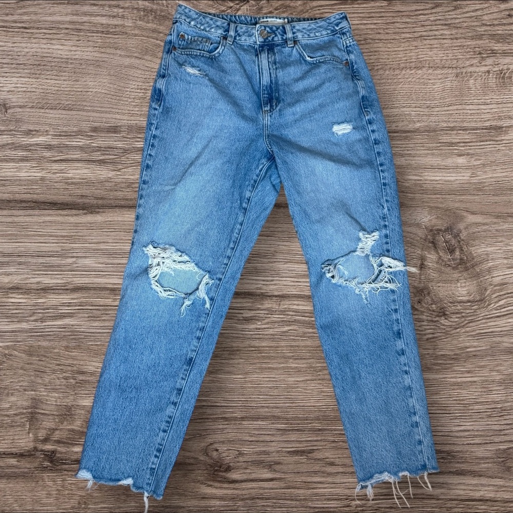 GARAGE DENIM Distressed High Rise Mom Jeans Raw Hem Straight Leg 9/29